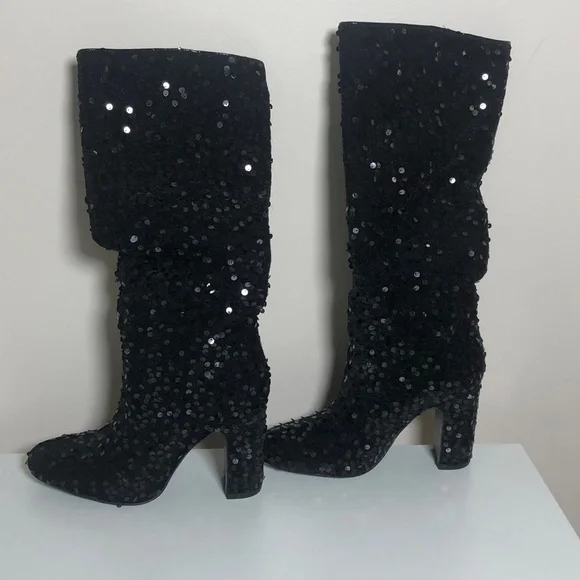 NEW knee high black sequins block heel boots - Picture 5 of 5